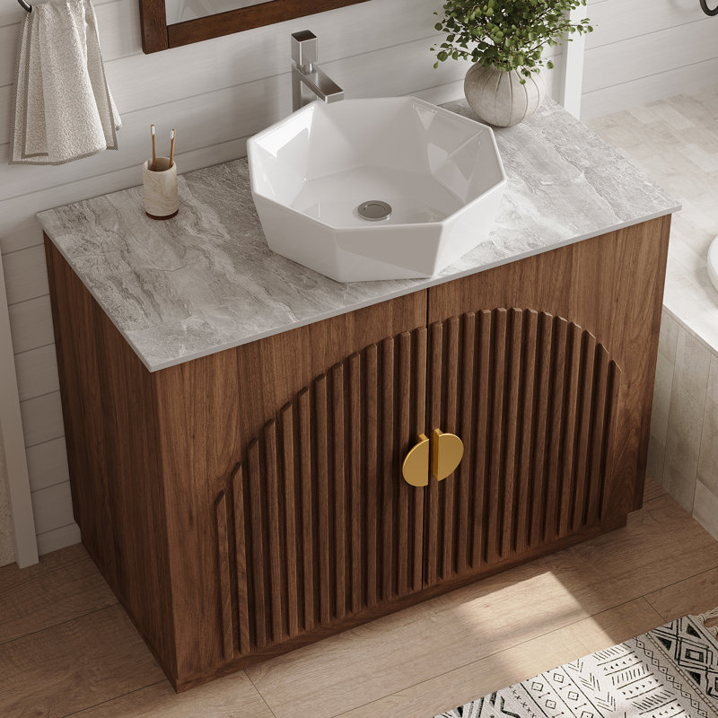 36" Vintage Brown Walnut Bathroom Vanity Base With Stone Countertop, Ceramic Sink, Included Drain & Adjustable Shelf, Gray