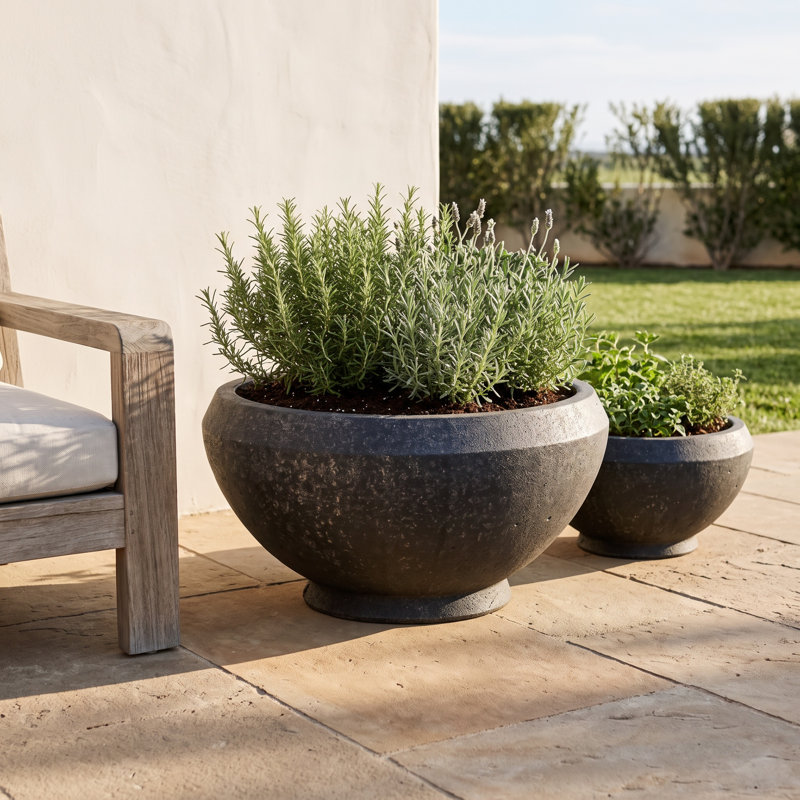 Giulia Cast Stone Pot Planter, 13" H x 27" W x 27" D, Nero Nuovo