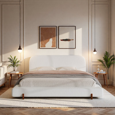 Structure de lit tapissier avec structure en tissu d'ameublement et pieds en bois massif à texture douce et élastique / simple mais élégant / confortable