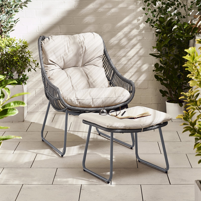 Lailaa Outdoor Large Chair and Footstool for Gardens or Indoor Spaces in Boho Industrial Style, Grey