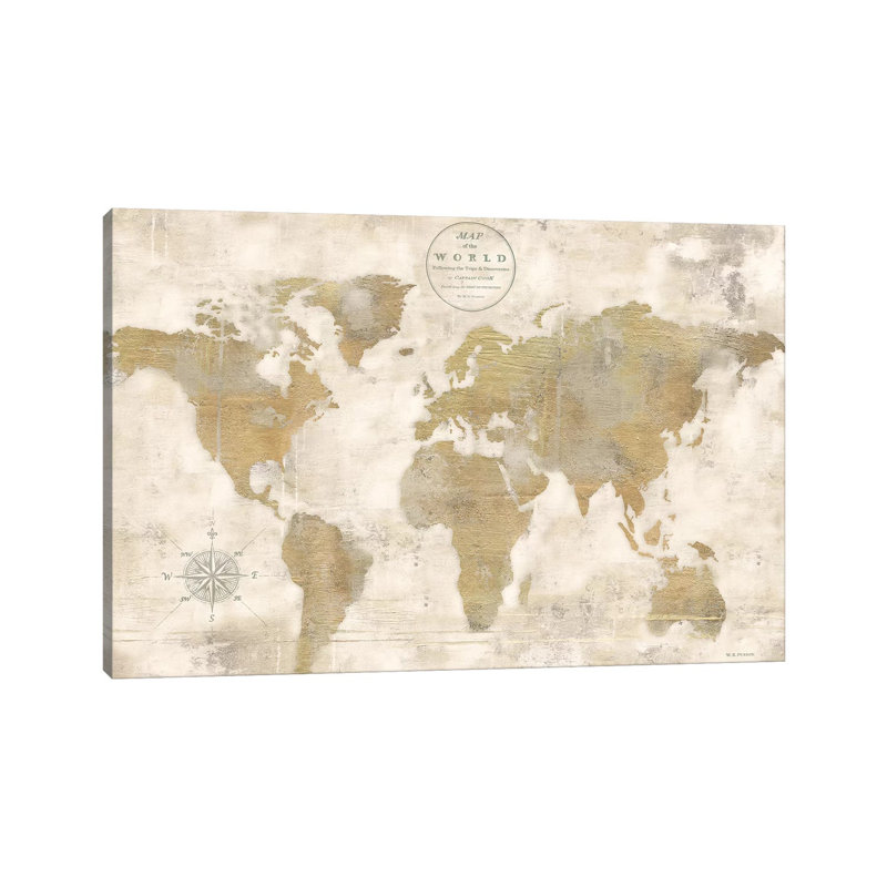 Rustic World Map Cream No Words by Marie Elaine Cusson - Wrapped Canvas Print, 20.32 cm H x 30.48 cm W