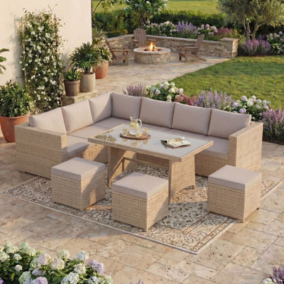 Prweitt Rattan 9 - Person Seating Group with Cushions, UKFR Certified