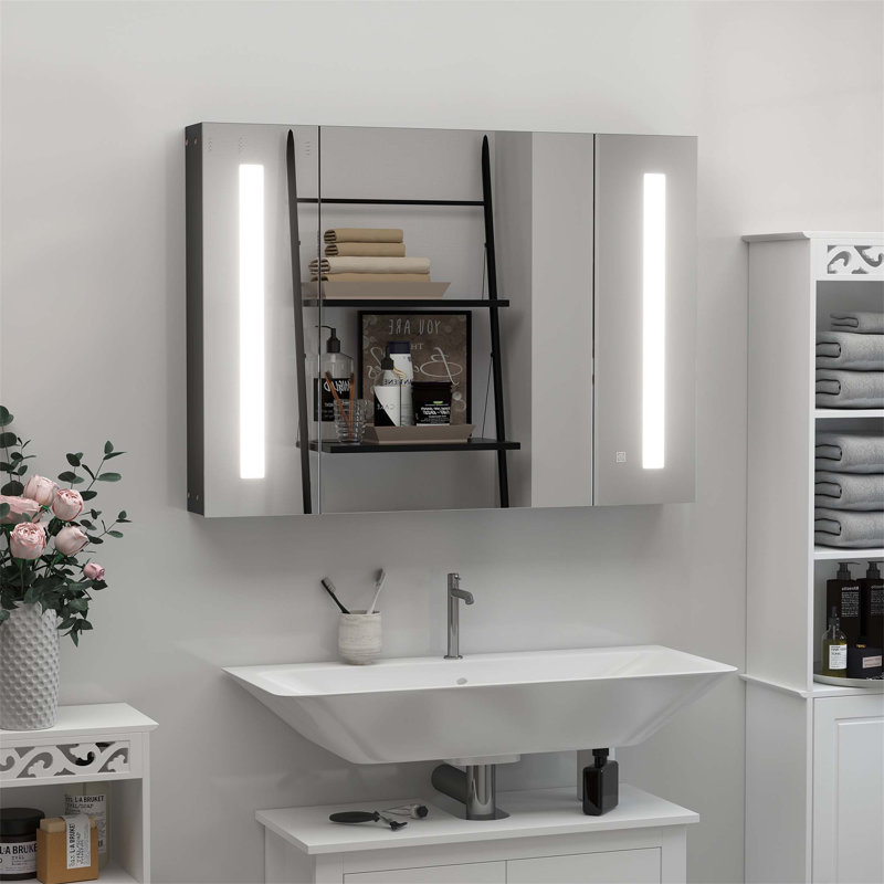 Armoire de salle de bain éclairée à DEL avec miroir Kleankin, 3 armoires, fonction mémoire, charge USB, finition ultrabrillante