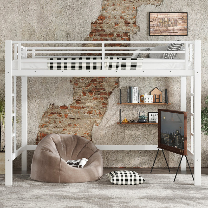 Twin XL Metal Loft Bed with Dual Ladders and Guardrails – Sturdy Space-Saving Kids’ Bed, White, Twin XL