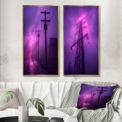 Purple Electric Eclipse Power Lines Photo I - Power Lines Wall Art 2 Pieces Set