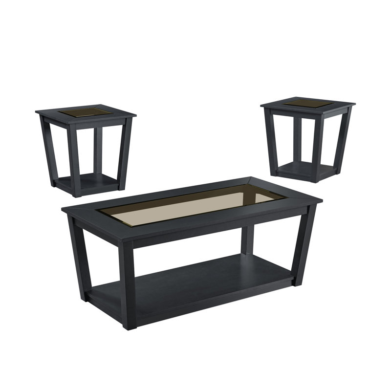 Ensemble de table basse 3 pièces Table basse rectangulaire Deux tables de bout assorties Plateau en MDF / verre noir Base en bois Tablette inférieure ouverte Présentoir de rangement supplémentaire Maison contemporaine (table incluse seulement)