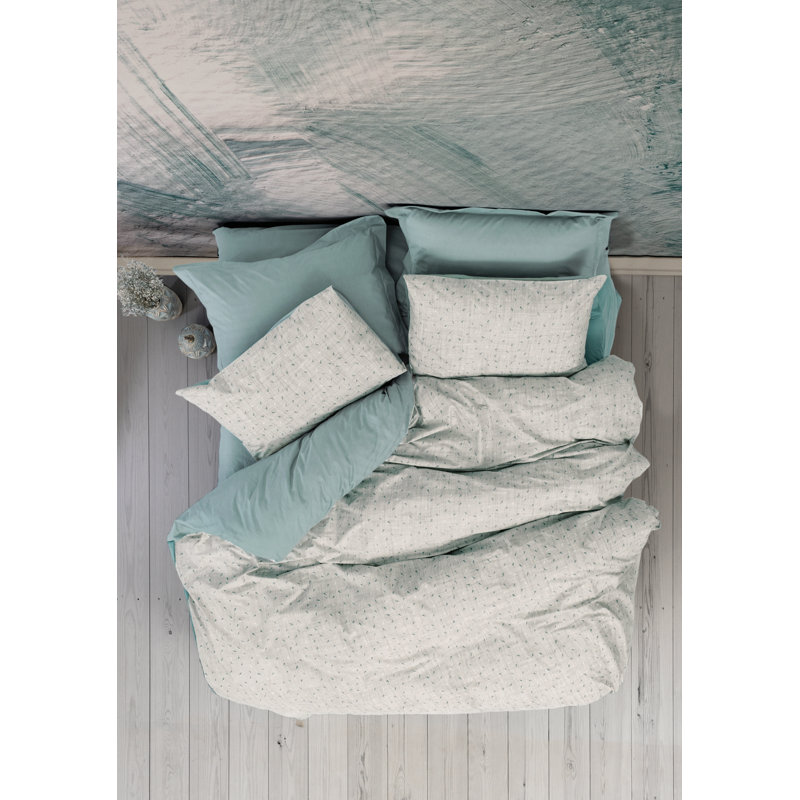 Ensemble de housse de couette simple 100% coton Ranforce, menthe et crème, housse de couette 63 x 87 po, drap plat 63 x 95 po, taie d'oreiller 20 x 28 po | Lavable à la machine, fermeture à boutons, doux et durable avec une contexture de 145 fils
