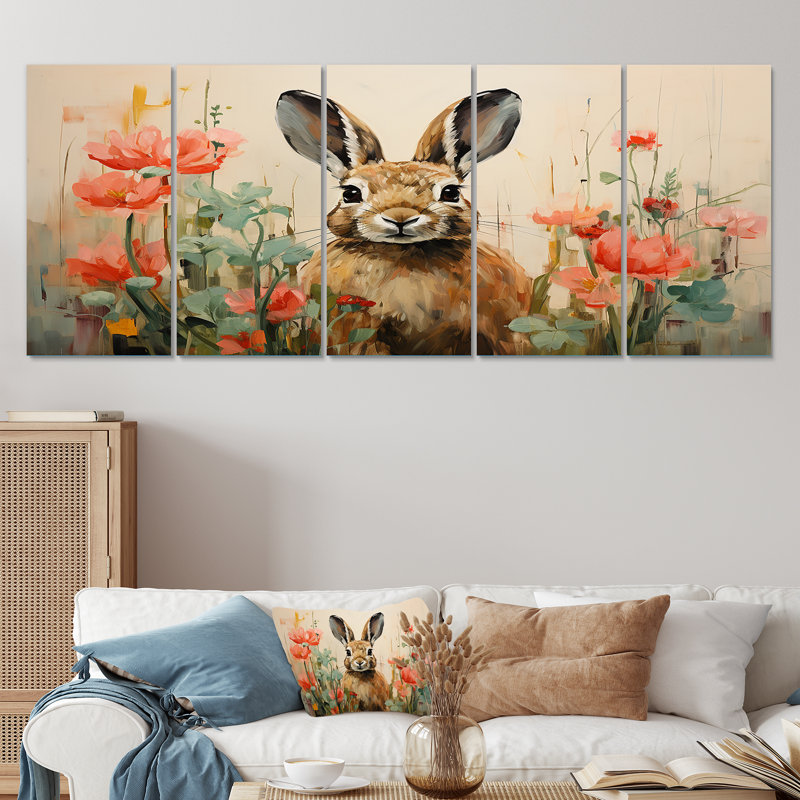 «Curious Floral Rabbit Meadow I», ensemble d'art mural 5 pièces, H 28 po x l 60 po