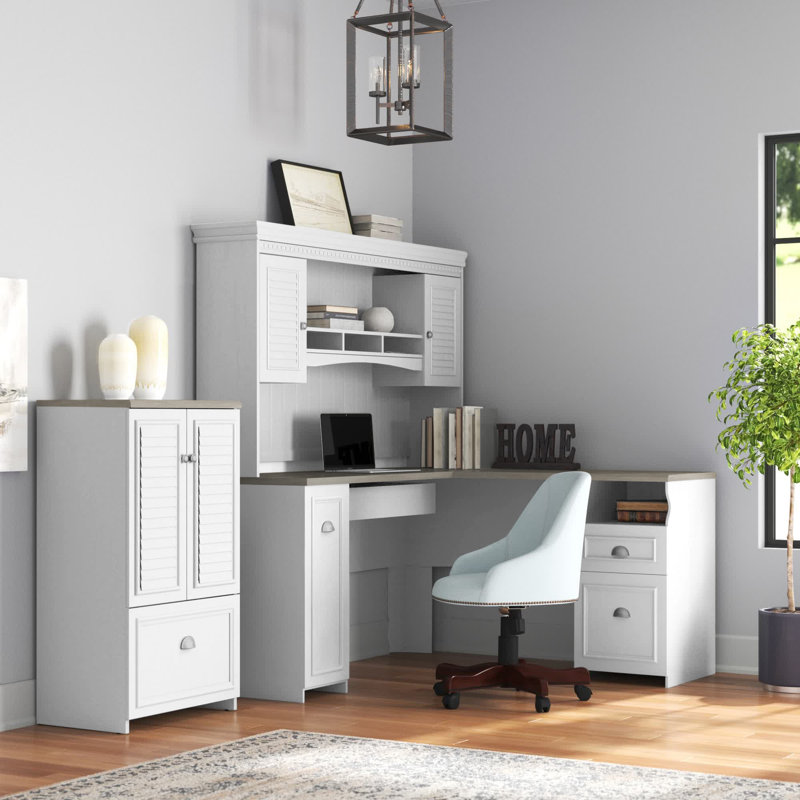 Ensemble de bureau 2 pièces avec rehausse Huckins, Gris Shiplap / blanc pur