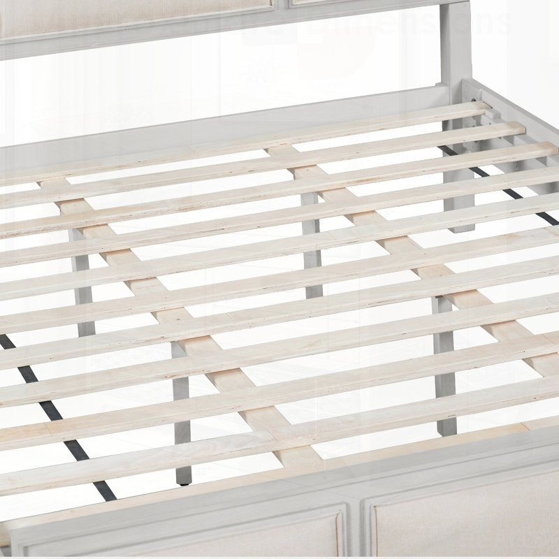 Structure de lit en bois avec tête de lit tapissier, tissu en bois et beige, plateforme en bois massif, style campagne moderne