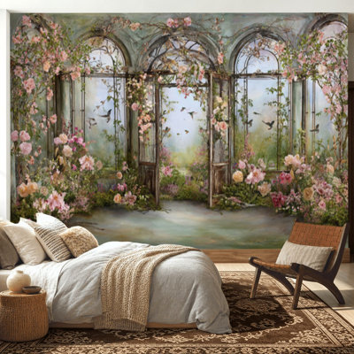 Papier peint adhésif auto-adhésif moderne pour la chambre à coucher avec orchidées de jardin à effet de serre romantique