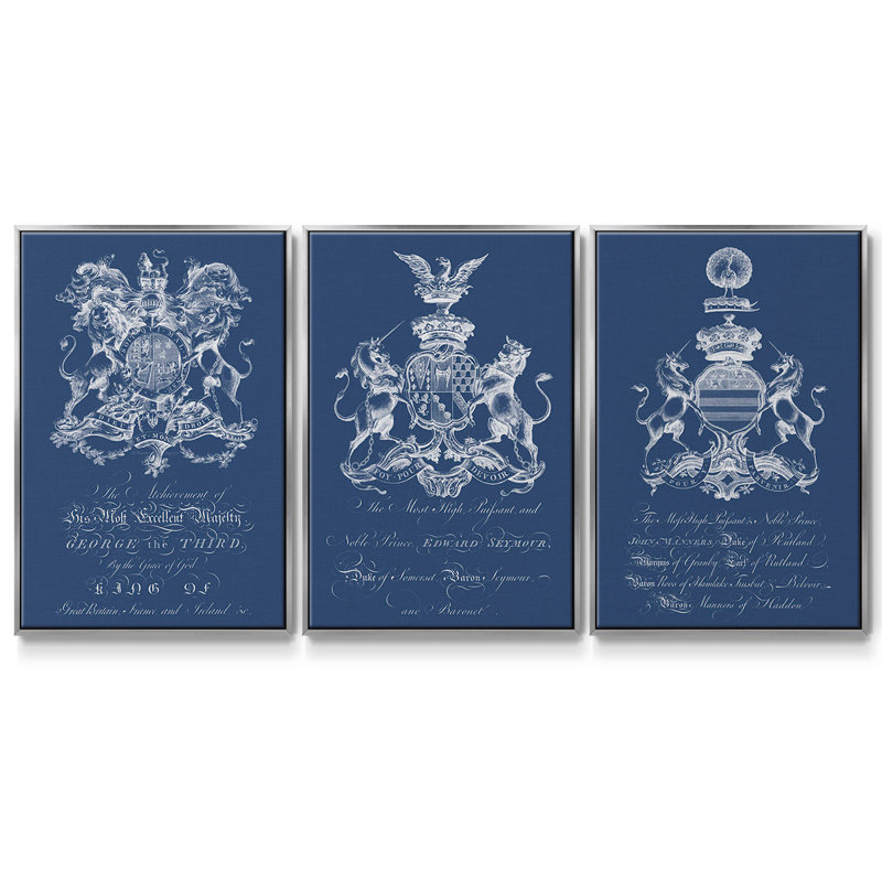 Heraldry On Navy I, ensemble de 3 toiles encadrées, Argent, H 36 po x l 72 po