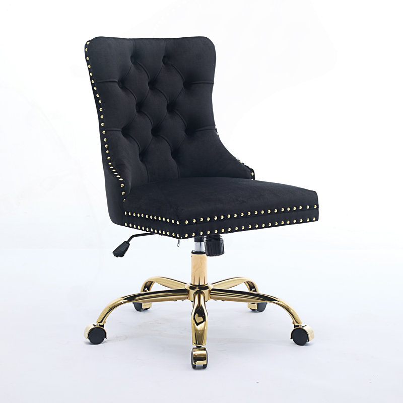 Chaise de bureau moderne rembourrée capitonnée avec base en métal, Velours, Noir