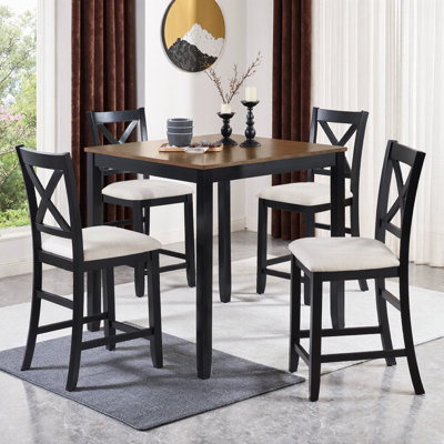 Ensemble de salle à manger 5 pièces à hauteur de comptoir - table carrée en bois de 34,5 po avec 4 chaises pour petits espaces, deux tons noir et chêne - coin-repas à 4 places pour la cuisine, la salle à manger - chaises à dossier en X, peu encombrant