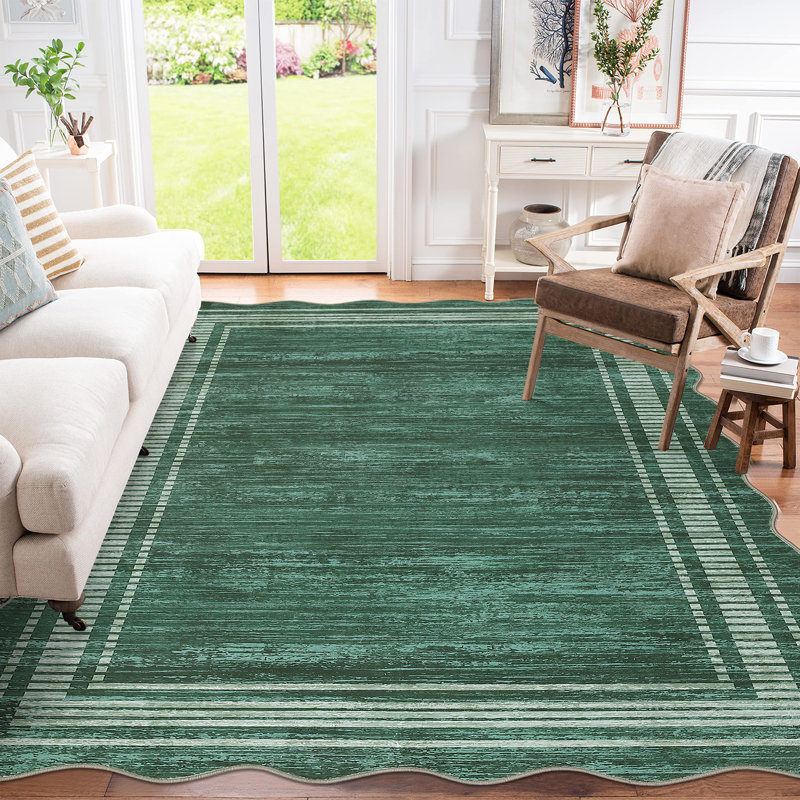 Scalloped Edge Area Rug 10' x 13' Low-Pile Stain-Resistant Fabric Non-Slip Backing Neutral Green Carpet for Living Room Bedroom and Nursery