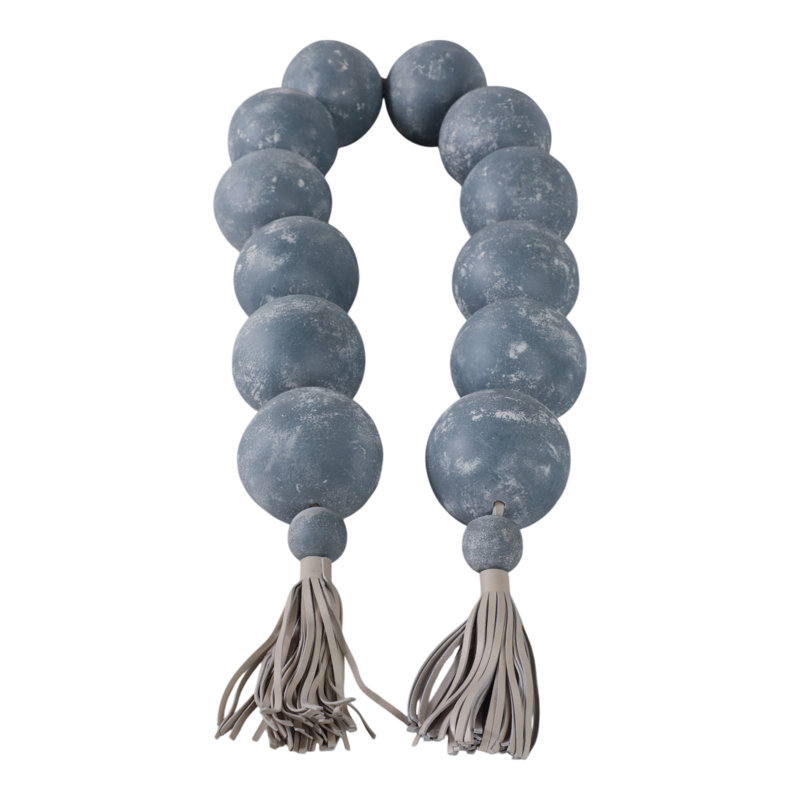 Decorative Ecomix and Leather Bead Strand with Tassel Accents and Textured Round Design for Stylish Home Accents and Modern Boho-Inspired Decor - Blue
