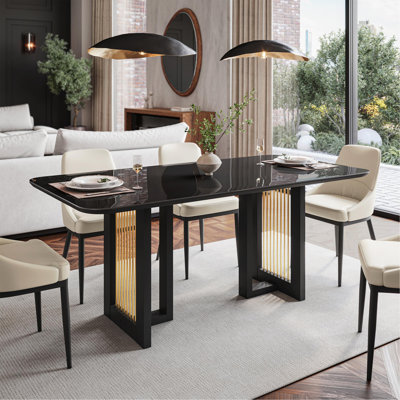 Table de salle à manger moderne 6 places avec accents dorés, noir et or