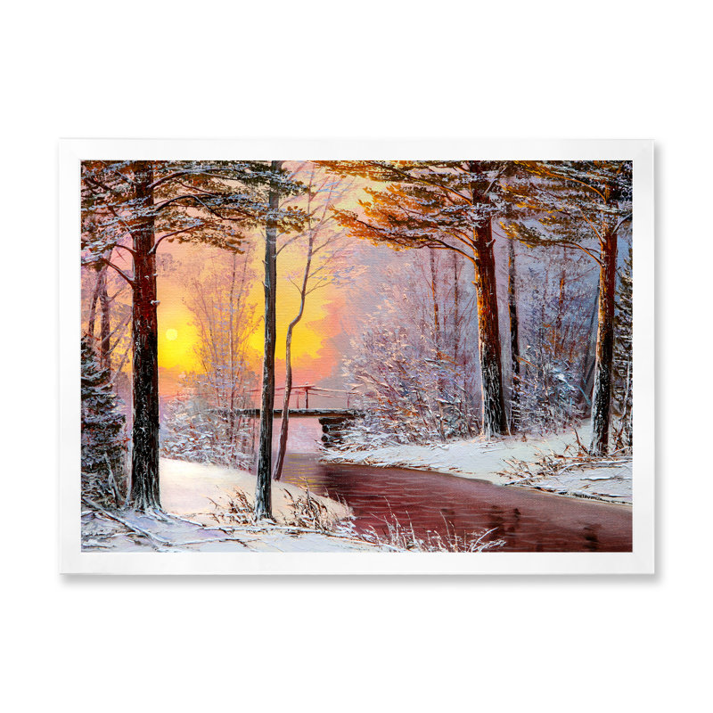 Forêt de Noël avec rivière et arbres IV - peinture sur toile, H 16 po x l 32 po x p 1 po, Cadre photo blanc
