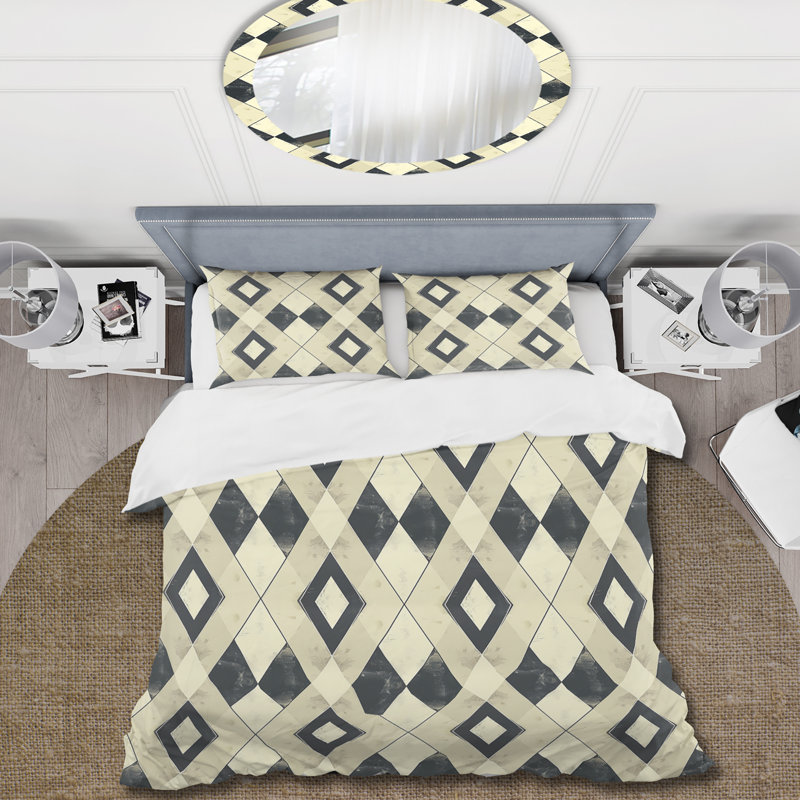 Ensemble de housse de couette Mid-Century ivoire à motif de losanges noirs, Housse de couette simple + 2 taies décoratives st