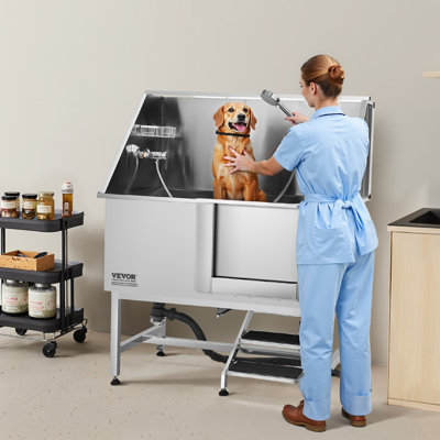 Réglage électrique de la hauteur de la station de bain pour chien 50 po, baignoire de toilettage professionnelle en acier inoxydable pour chien avec boîte à savon, robinet, accessoire riche, baignoire pour plusieurs animaux, lavabo pour la maison (à droite)