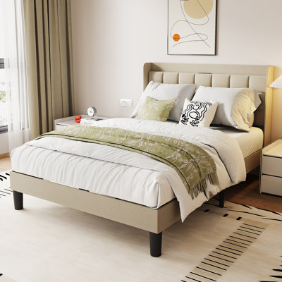 Linen fabric soft bed frame with USB charging port