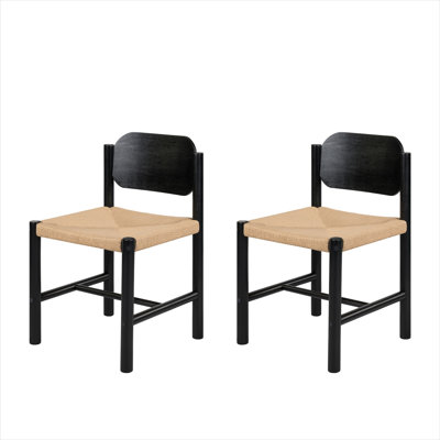Wooden Dining Chairs With Beige Paper Rope Weave Seat, Indoor Armless Kitchen Chairs, Set Of 2