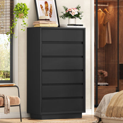 Commode de 51,6 po de hauteur avec 7 tiroirs, commode noire avec glissière en métal, commodes de chambre à coucher, commodes en bois et commodes de chambre à coucher, couloir, noir