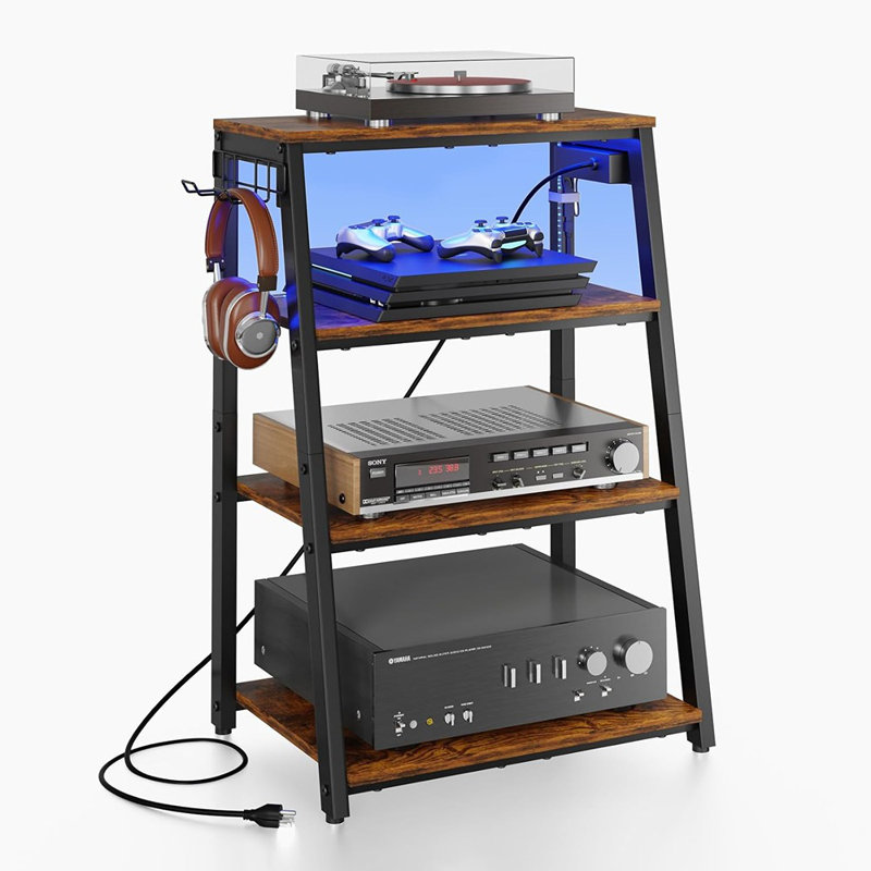 4-tier Av Media Stand With Power Strips & Led Lights, Heavy-duty Wooden Stereo Cabinet With Hooks, Record Player & Device Stand