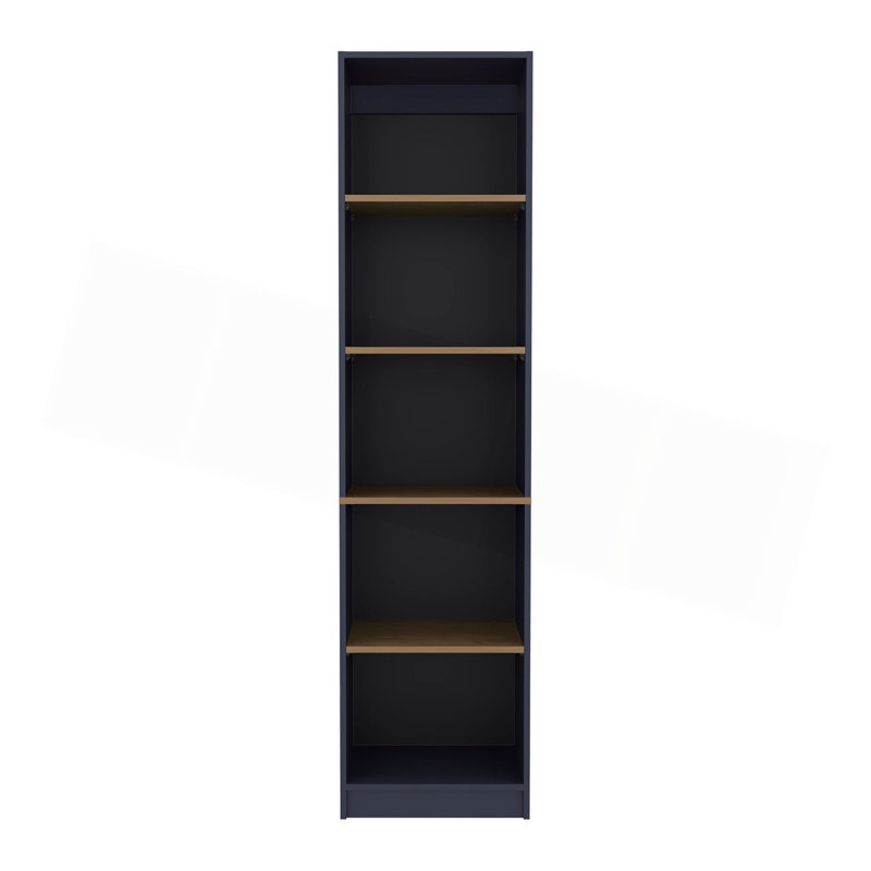 Bibliothèque bleue et naturelle en chêne avec rangement ouvert et 5 tablettes