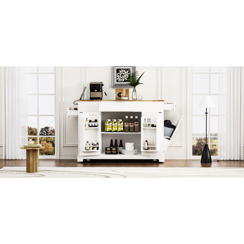 White Kitchen Island With Internal Trash Storage, 10 Capacity, 5 Movement, 3 Drawers Cart Can Compartment, Power Outlet, Drawers, Open Side Shelves, Finish