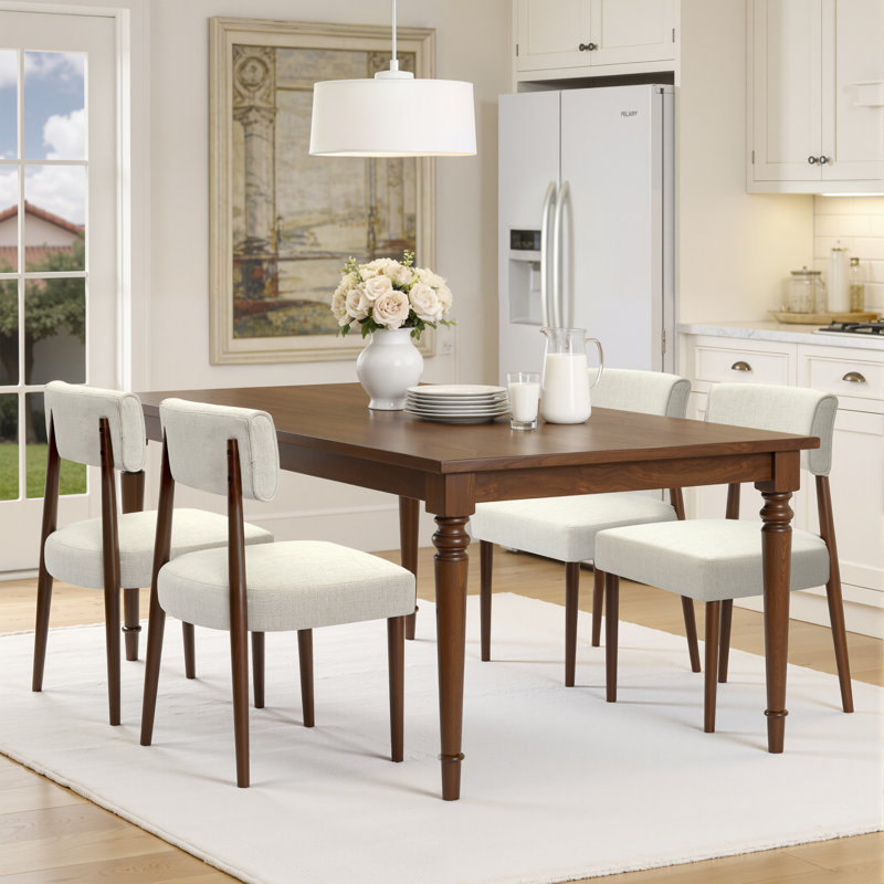 Upholstered Solid Wood Dining Chair Side Chair, White, Brown
