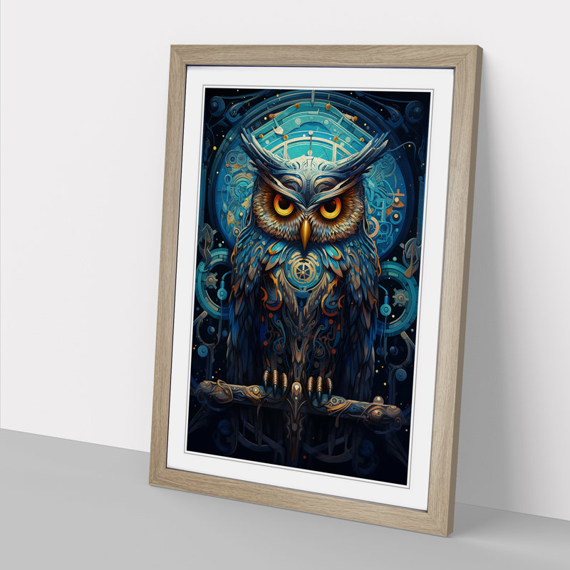Owl Futurism No.2 - Single Picture Frame Print on Wood, 46cm H x 34cm W x 2cm D, Oak