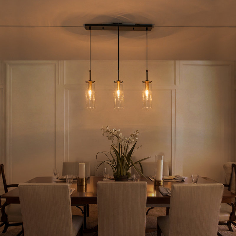 Luminaire suspendu 3 lumières pour îlot de cuisine | Lustre moderne noir et or | Hauteur réglable de 15,75 po à 94,49 po | Luminaire de salle à manger à abat-jour en verre transparent