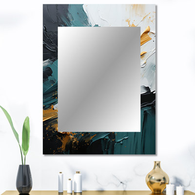 Or et vert cascade de marbre blanc VI - miroir de peinture abstraite, miroir mural décoratif doré, impression d'art en métal