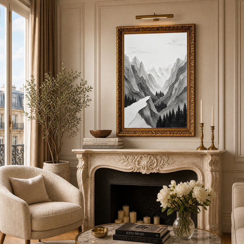 Art mural sur toile paysage de montagne en papier monochrome, H 24 po x l 16 po