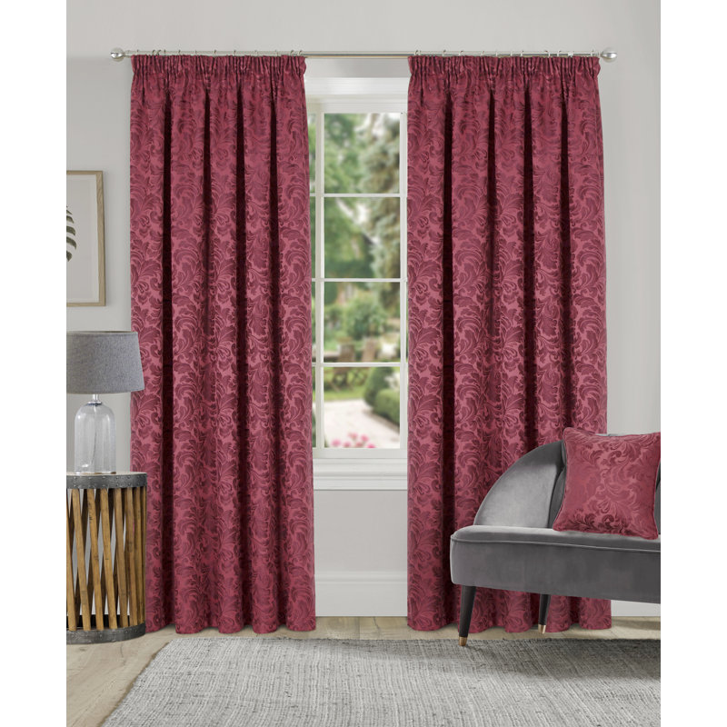 Hallas Pencil Pleat Damask Jacquard Curtains, Wine, 114 W x 183 D cm