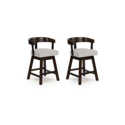 Hado Swivel Counter Stool Chair, Gray Padded Seat, Curved, Dark Brown