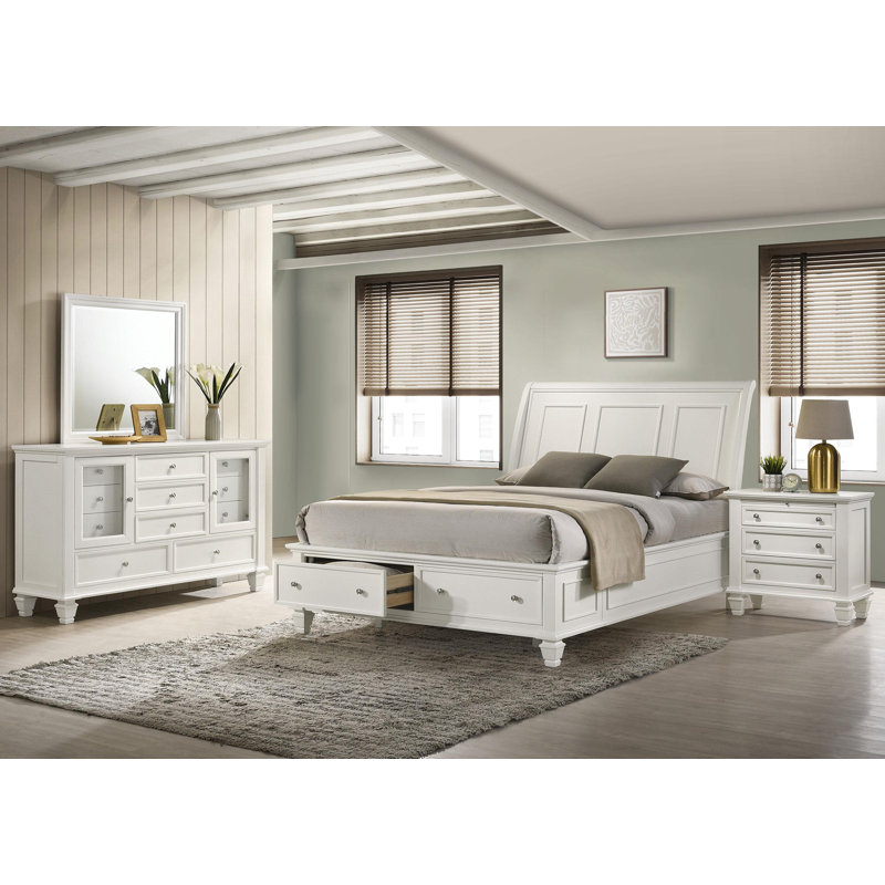 Ensemble de chambre à coucher Beach Eastern, Grand lit, Blanc, Ensemble de 4 pièces : lit, table de chevet, comm