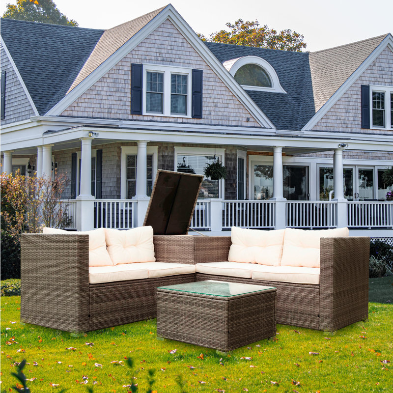 4 Piece Wicker Patio Sectional Sofa Set With Storage Box And Coffee Table