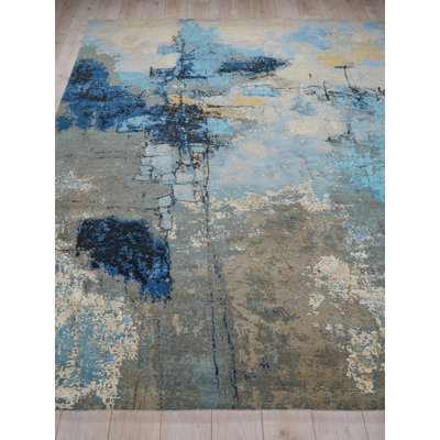 Picasso hand-knotted Wool/Silk Blue/Silver/Black Area Rug