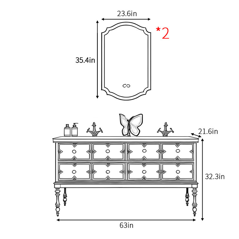 Armoire de salle de bain rétro française, H 32,3 po x l 63 po x P 21,6 po
