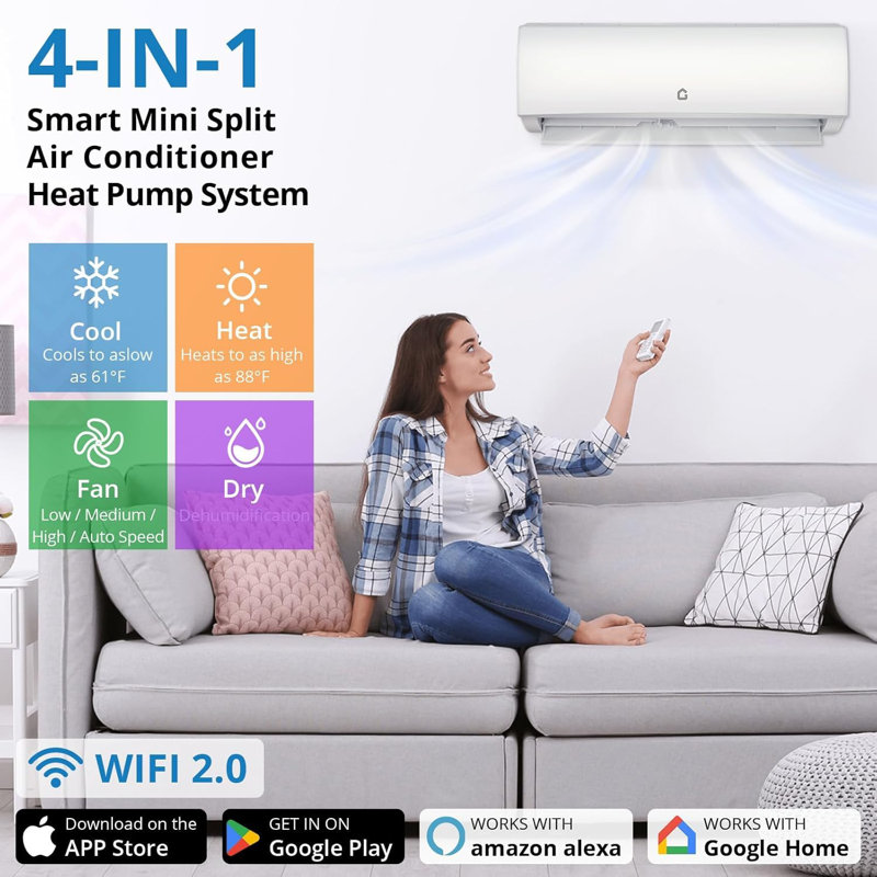 Mini système de chauffage et de climatisation à deux zones sans conduit de 35 000 BTU avec contrôle WiFi et Alexa (9K + 12K + 12K + 12K), ultra-silencieux, 19 SEER2