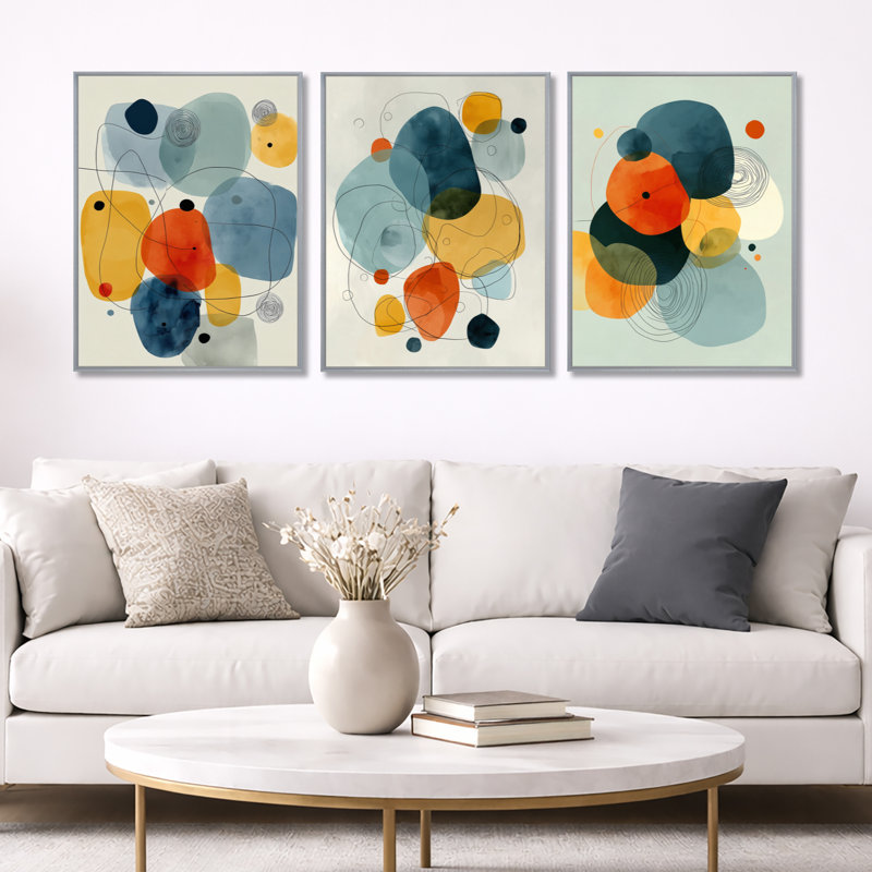 «Minimalist Meditation Stone Collage III», art abstrait encadré 3 panneaux Mid-Century, Silver Floater Framed