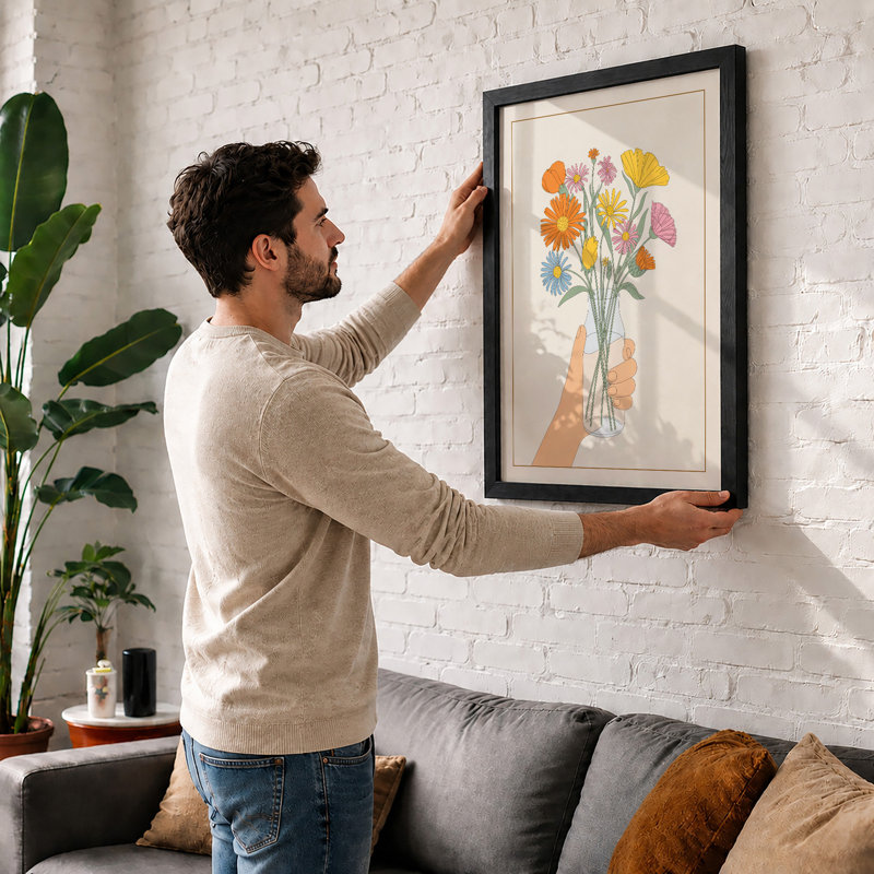 Hand Holding Wildflowers Botanical - Framed Print, A2 - 59.4 x 42.0 cm, Black