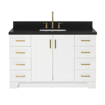 Freitas 54" Solid Wood Single Bathroom Vanity in White with 1.5" Carbon Black Quartz Top, Center, Rectangle Sink