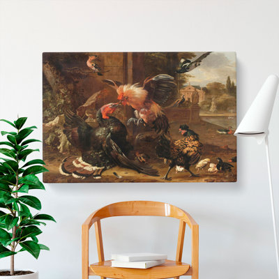 Rooster And Turkey Fighting by Melchior D'Hondecoeter - Wrapped Canvas Painting