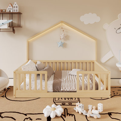 Wood Twin Size Floor Bed With High Guardrails Light For Kids