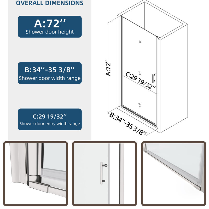 Porte de douche l 34 po x H 72 po, Chrome