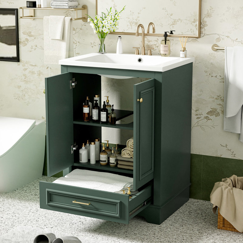 Meuble-lavabo en céramique 24 po, armoire élégante avec rangement et poignées argentées, Vert