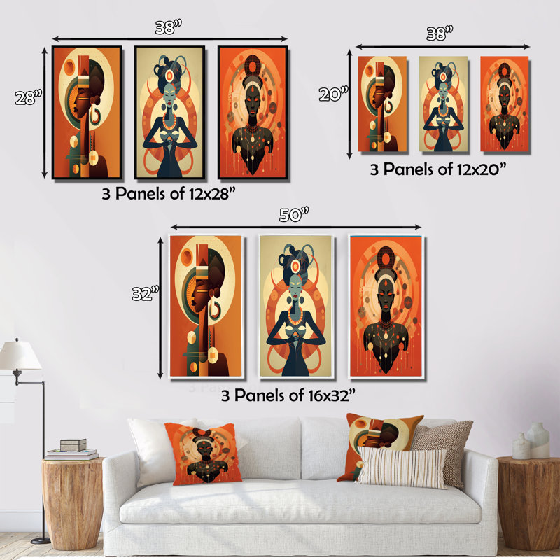 African Tribal Goddess Graphic Illustration I - Abstract Portraits Art Set Of 3 Pieces, Cadre blanc, H 32 po x l 48 po